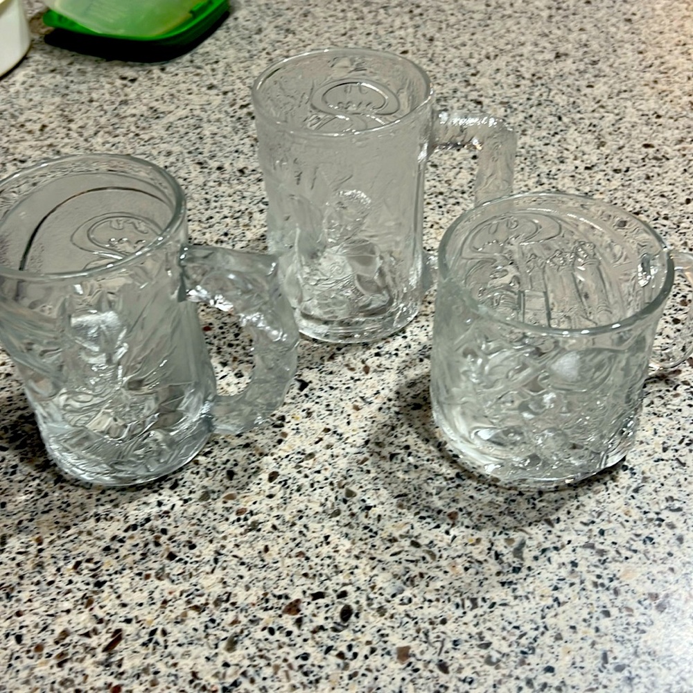 3 Batman Forever, Mc Donald's Glass Mugs Batman, Robin, Riddler 1995
